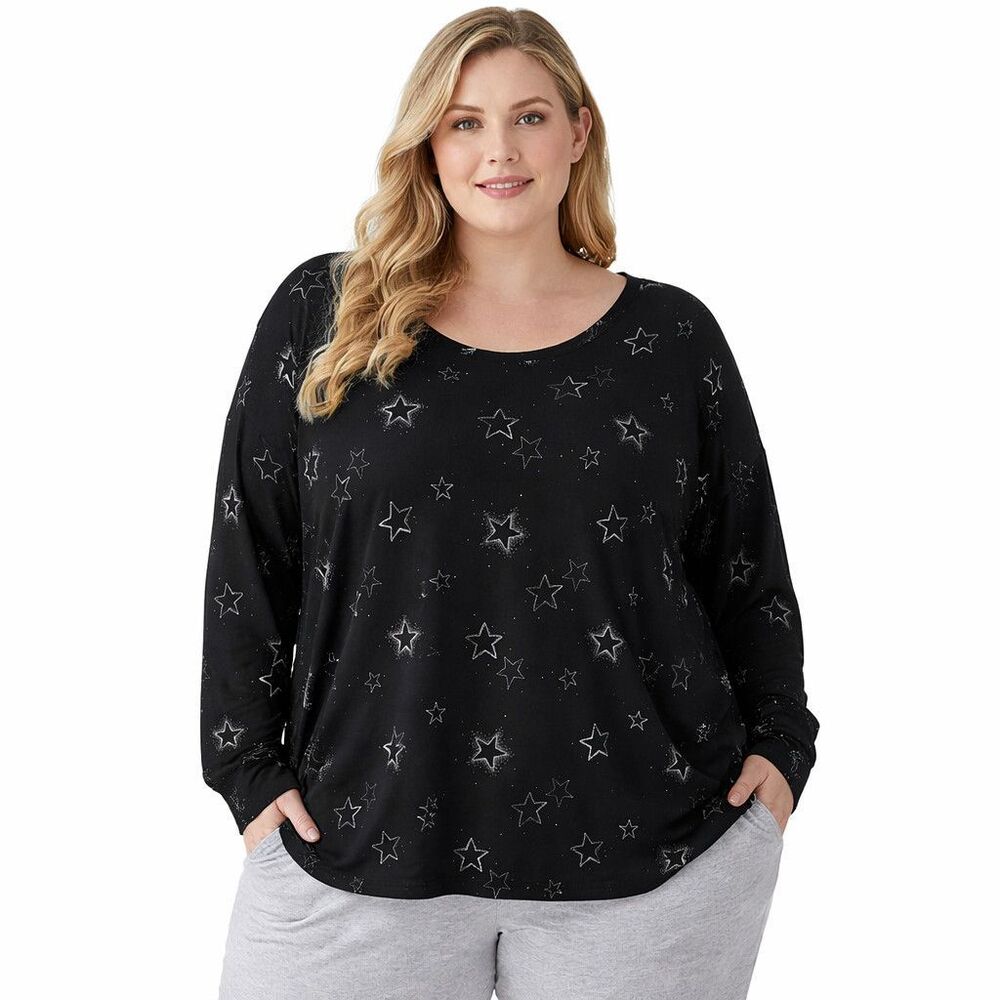 Torrid Sleep Pajama Top Womens 3X Black Star Print Scoop Neck Long Sleeve